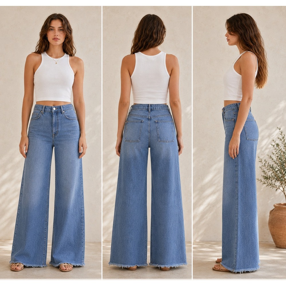 ZARA Wide-Leg Jeans Womens 8 Blue Denim Frayed Hem High Rise Relaxed Fit Comfort